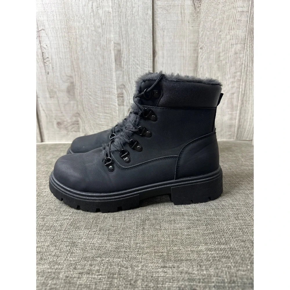 Womens Sz 7 Black Faux Fur-Lined Boots Side Zipper & Lace-Up Emo Goth Grunge - Picture 4 of 9